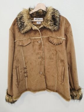 Vintage RP Sport Faux Fur Suede Jacket Brown Boho Penny Lane size 1X Western y2k